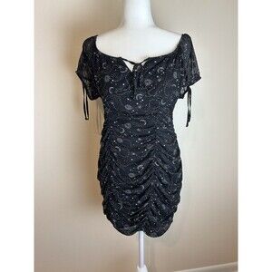 Mini Ruched Dress XL Celestial Gypsy Black Moon Stars Goth Witchy Dark Fairy